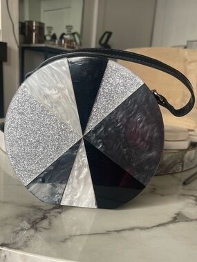Like Dreams Round Circle Bag Acrylic Hard Shell Geometric Glitter Marble Black